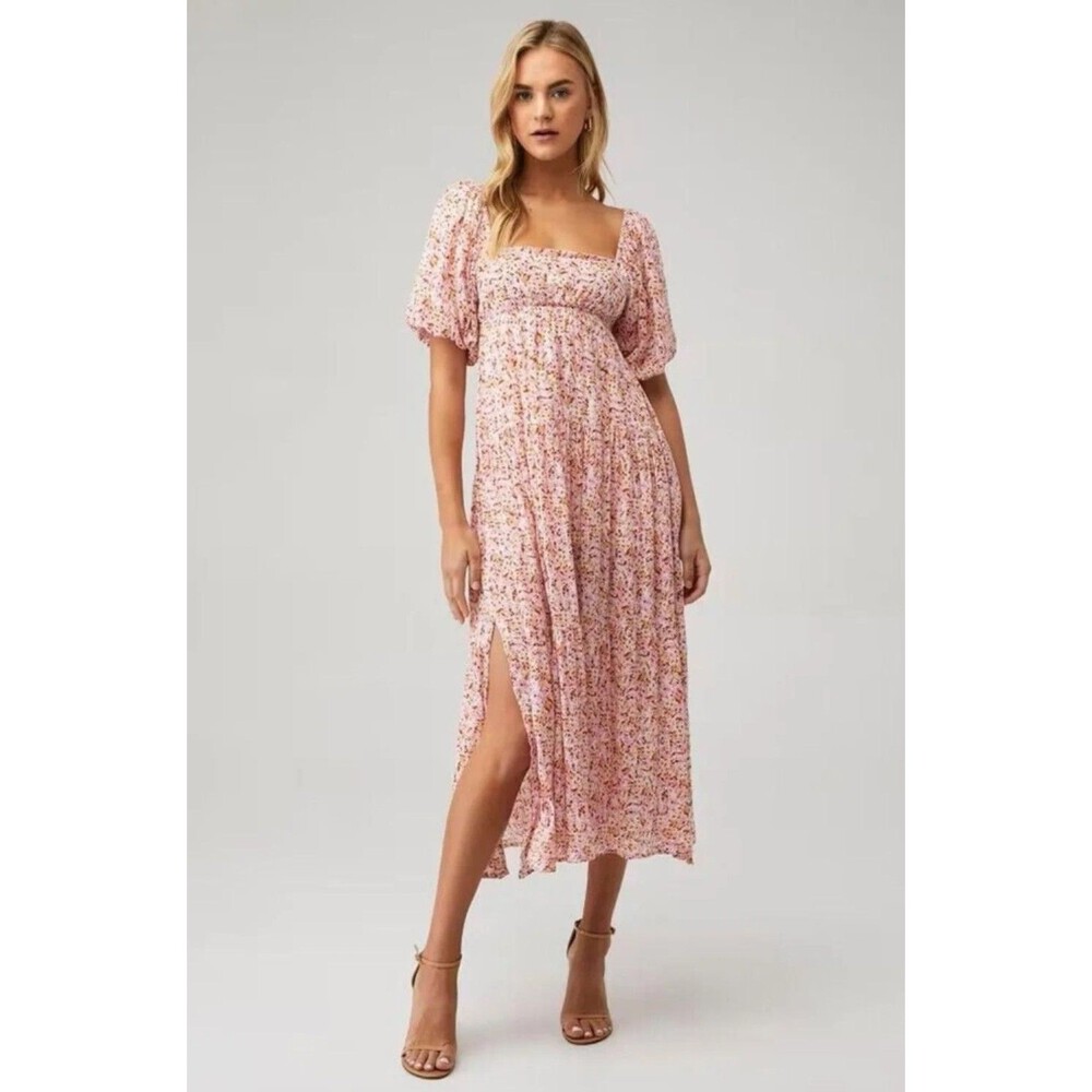 MINKPINK Delphine Prairie Puff Sleeve Midi Dress-Pink Floral w/ Back Cutout- Sm